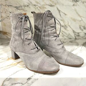 BY FAR Dusty Blue Lace Up Boots with Block Heel
